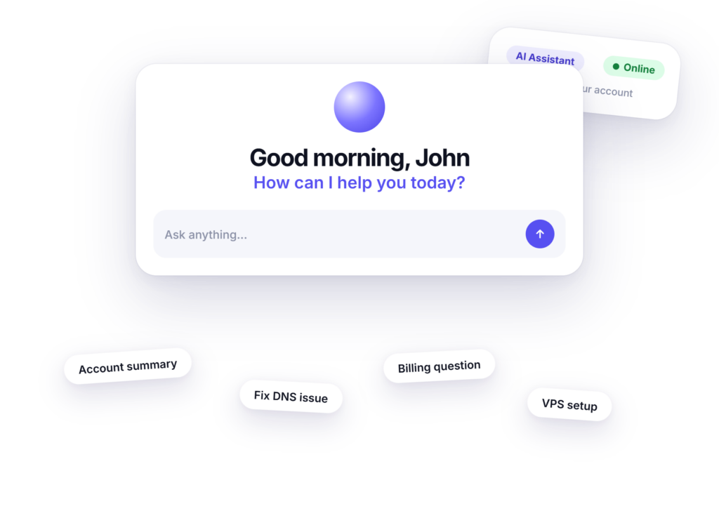 VeerAI AI agent inside the VeerHost dashboard greeting a customer