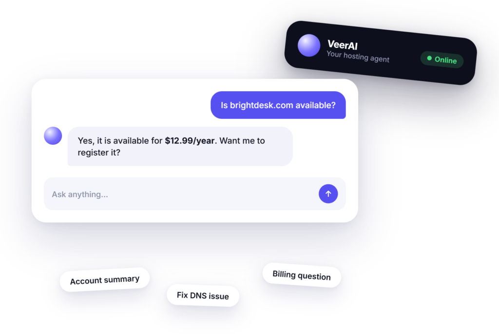 Asking the VeerAI agent a question about a domain in the VeerHost dashboard