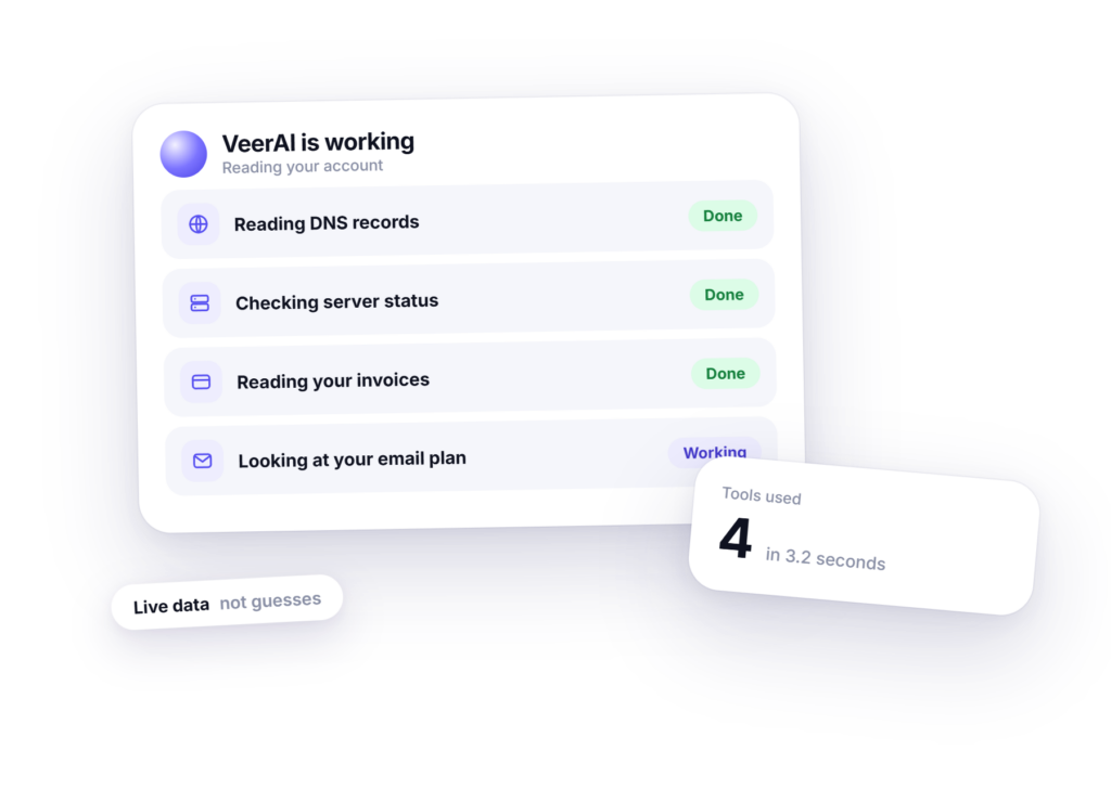 VeerAI agent tools for domains, DNS, servers, billing and tickets