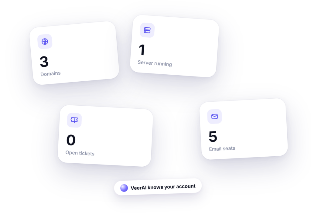 VeerAI agent showing a customer their domains, servers and tickets